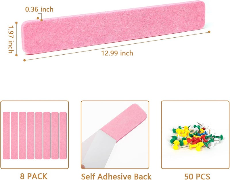 Arlasuo 8 Packs Felt Pin Board Bar Strips Bulletin Board for Bedrooms Offices Home Wall Decoration, Notice Board Self Adhesive Cork Board with 50 Push Pins for Paste Notes, Photos, Schedules - Image 4